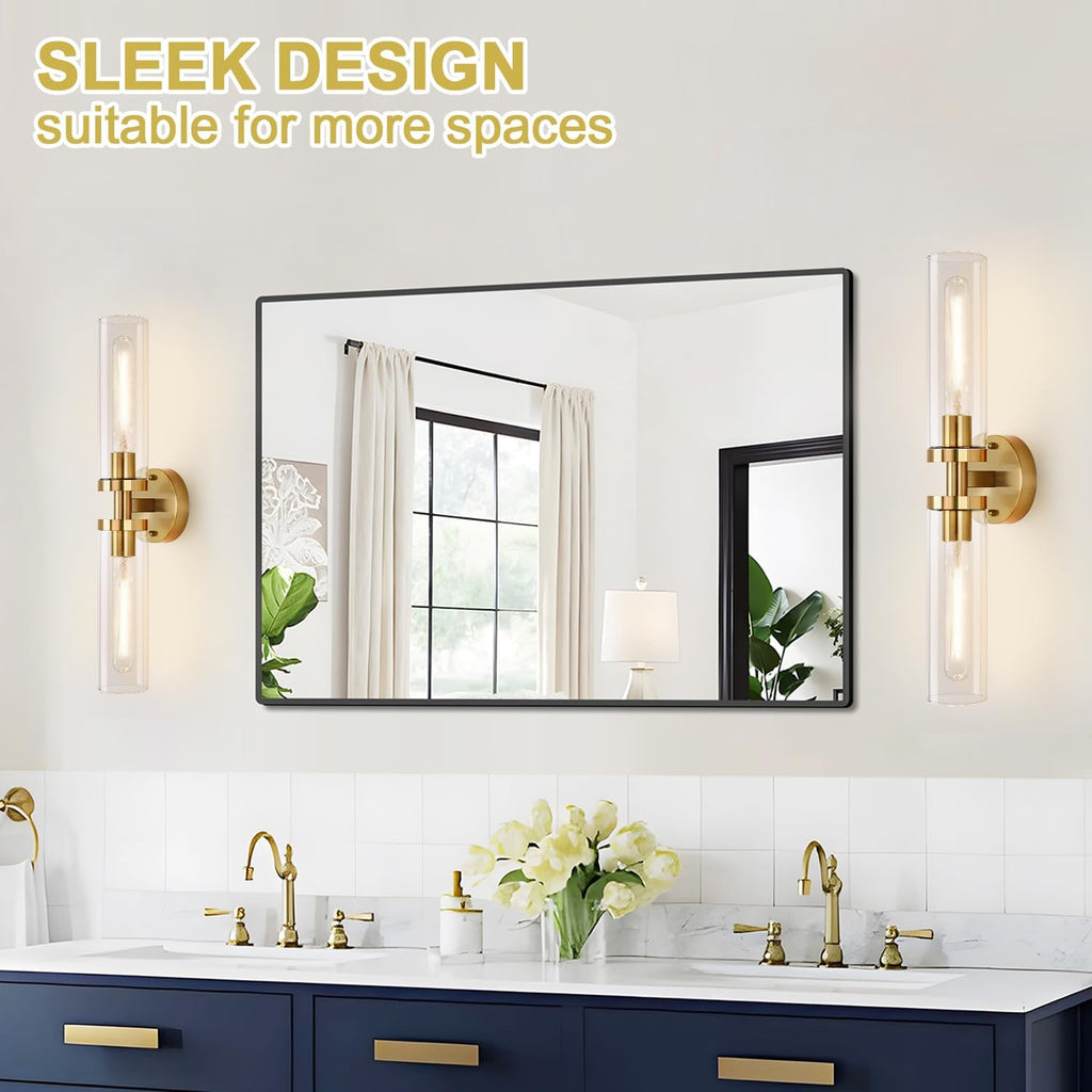 Wall Sconces Set of Two, Hardwired Brushed Gold Bathroom Sconces Wall Lighting with Clear Glass, Modern Sconces Wall
