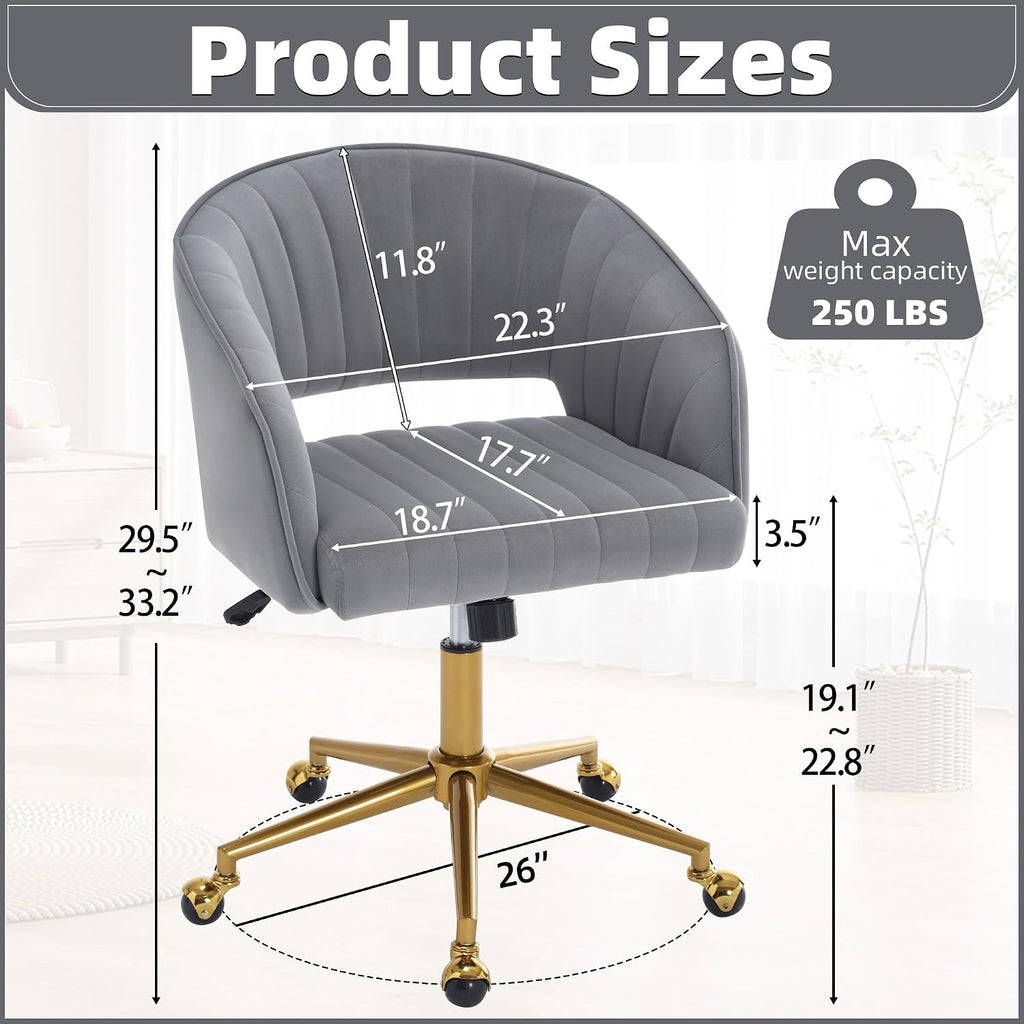 Desk Chair with Wheels, Velvet Home, Swivel Armchair Gold Base, Upholstered Modern Accent Chairs, Back Incline