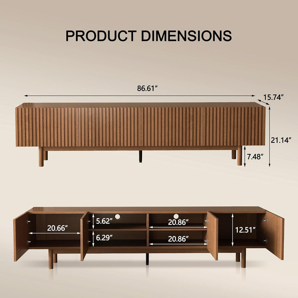 Mid Century Modern TV Stand for 85 Inch TV, Fluted Walnut TV Console with Storage, 4 Doors Media Console