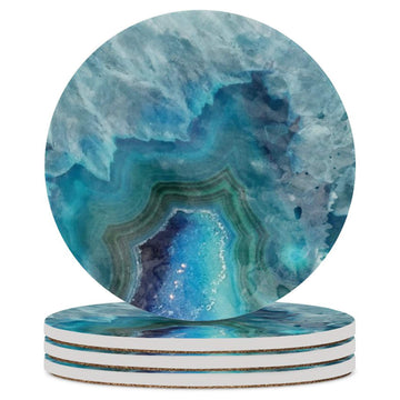 Blue Watercolor Agate Geode Print Absorbent Coaster for Drinks Ceramic with Cork Back Fit Big Cup, 4 Sets
