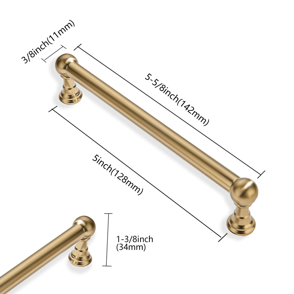 10 Pack 5 Inch Hole Center Brushed Brass Cabinet pulls 100% Solid Heavy Duty Satin Brass Dresser Pulls Cabinet Drawer