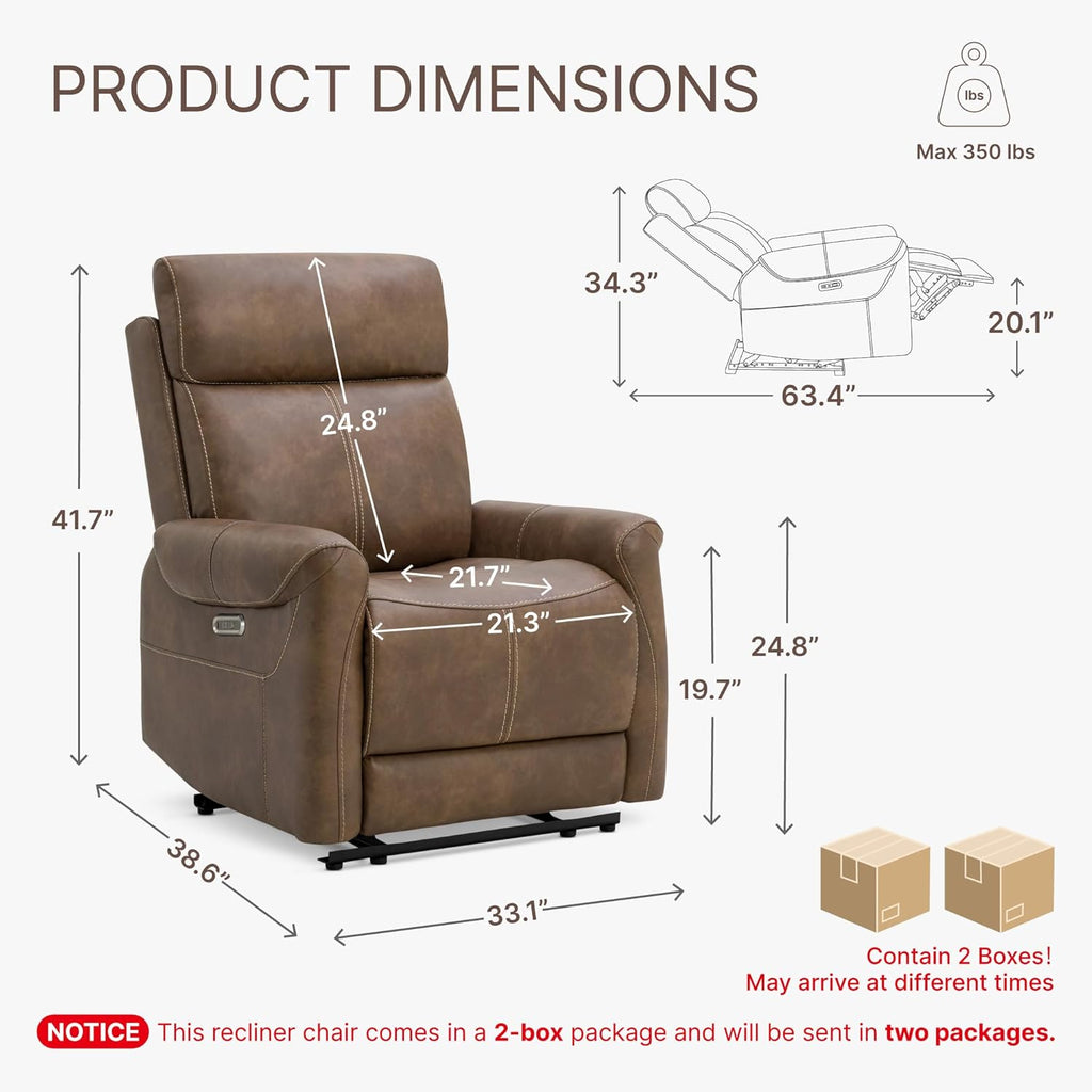 Leather Recliner Chair for Adults Wall Hugger RV Recliner with USB Charging Ports Electric Power Reclining Sofa Home
