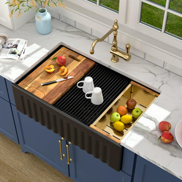 33 Black Farmhouse Sink Workstation Porcelain Farm Kitchen Sinks Matte Black Single Bowl Basin 33x20x10 Inch Large