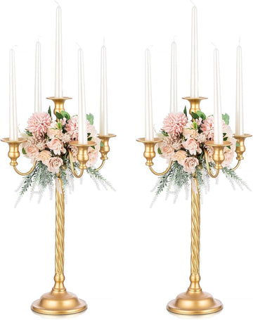 Candelabra Gold Candle Stand: 21'' Tall 5-Branch Candlestick Holderoliday Event Reception Decoration, Set of 2