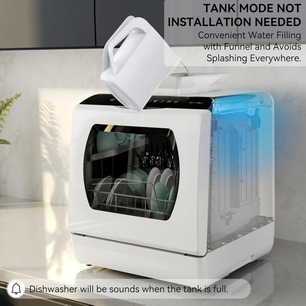 Portable Countertop Dishwashes, 5 Washing Programs Mini Dishwasher with 5-Liter Built-in Water Tank for Apartments & RVs, Tabletop Dishwasher with LED Light & Glass Door, No Hookup Needed