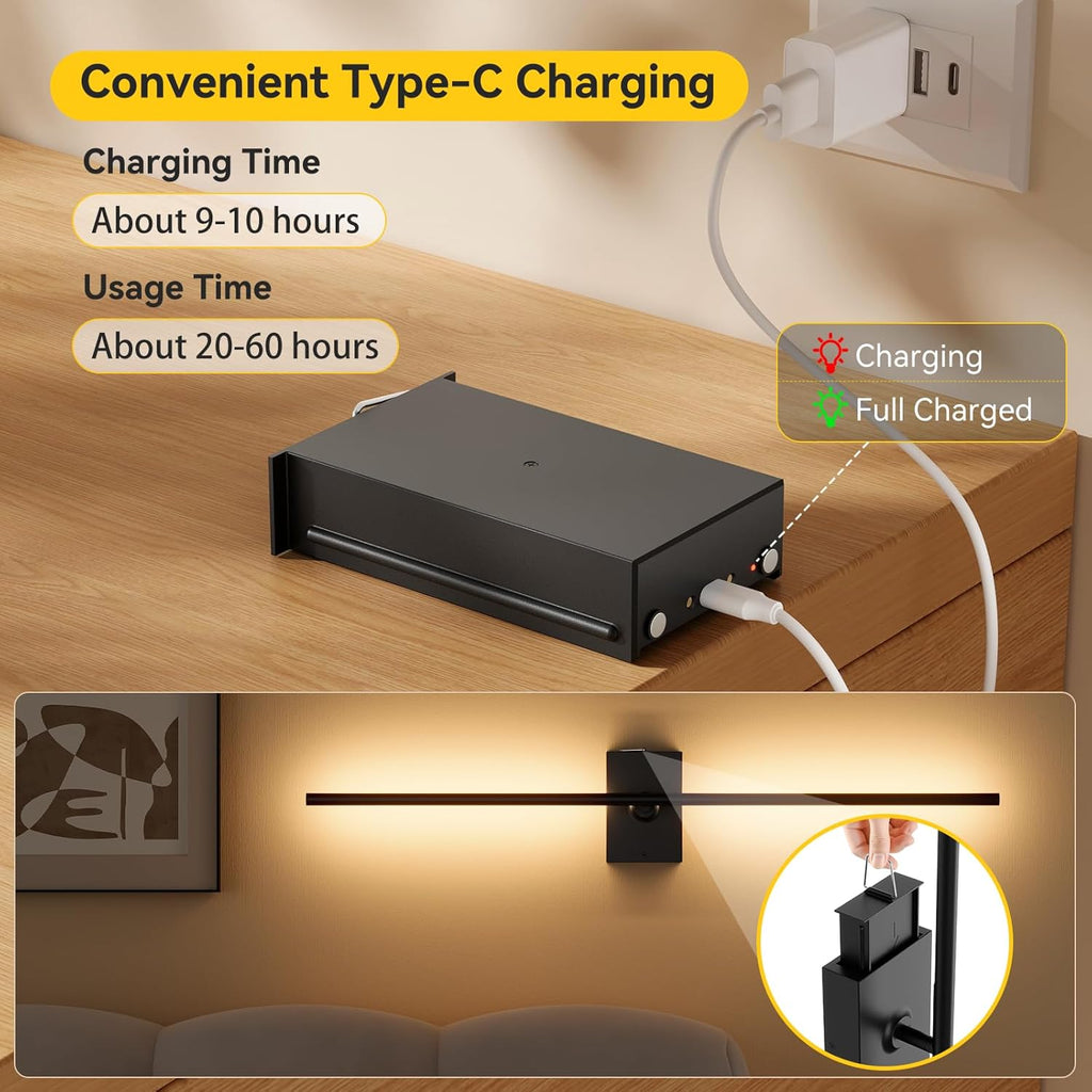 Battery Operated Wall Sconces Set of 2, 10000mAh Wireless Rechargeable 3000-6000K Dimmable 350° Rotate Wall Light