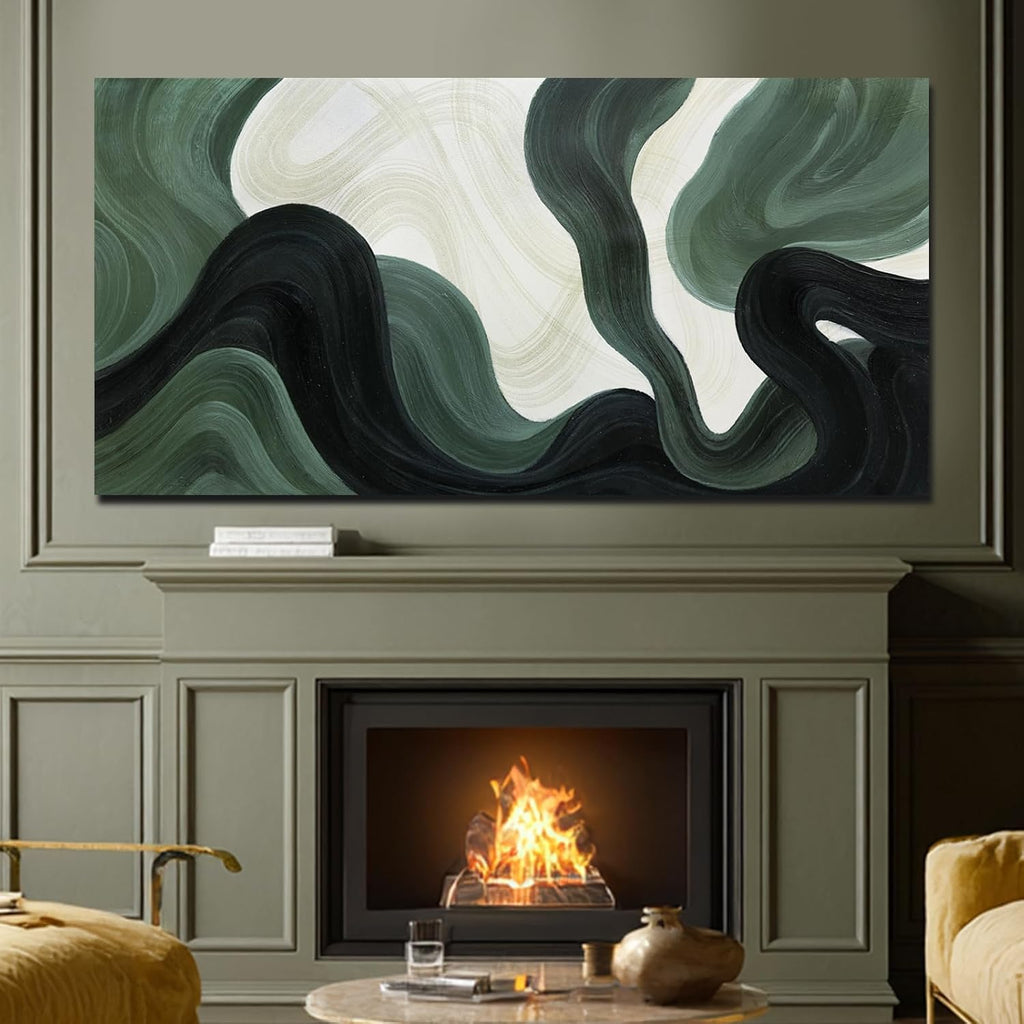 Modern Green Abstract Canvas Wall Art Fluid Wave Style Canvas Print in Dark Green Black and Beige Oversized Wall