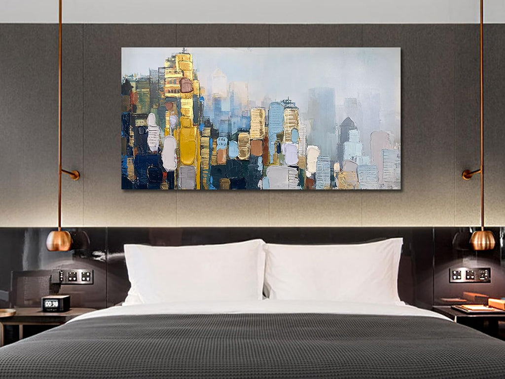 Neutral Wall Art Painting Oversize Abstract Art Wall Decor Canvas, Textured Skyline Gold Painting Modern Artwork for