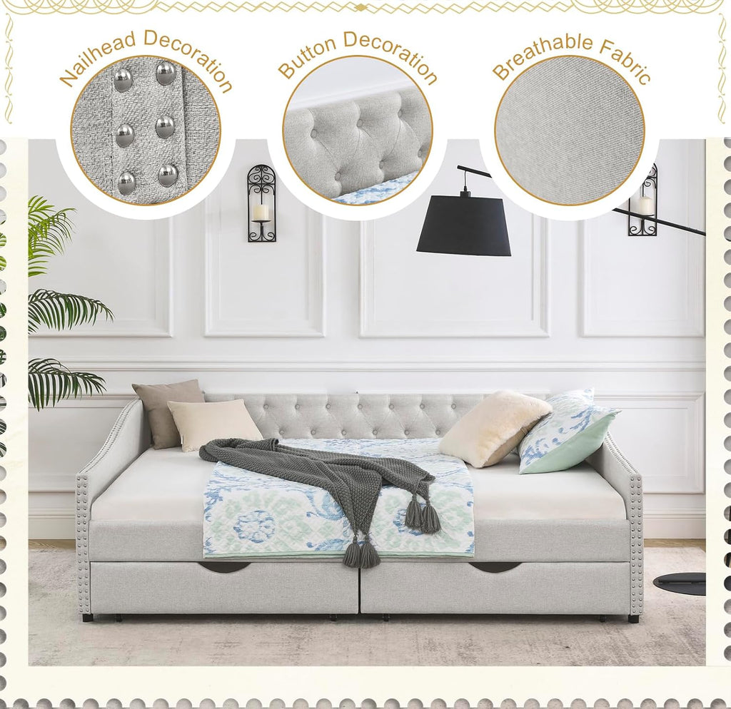 Wood Queen Size Daybed, Day Bed Frame with 2 Storage Drawers, Upholstered Bed Frame Queen Sofa Couch with Button and