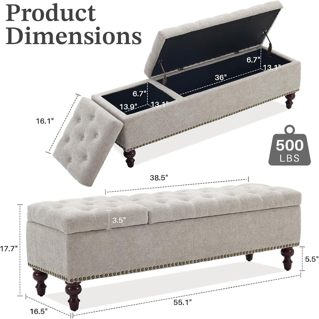 55" Storage Ottoman Bench, Tufted End of Bed Bench, Light Gray | 55" Tufted Storage Bench with 2 Compartments