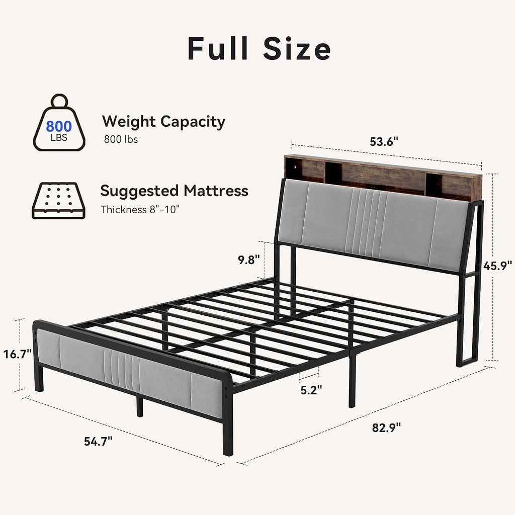 Full Bed Frame with Ergonomic Headboard, Upholstered Metal Platform Bed Full with 2-Tier Storage, Charging Station