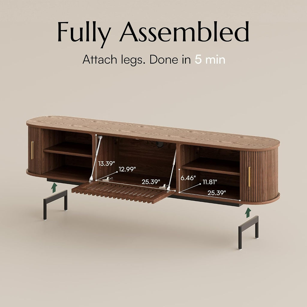 Mid Century Modern TV Stand for 75 inch TV, Sliding Door Entertainment Center with Storage, Wood TV