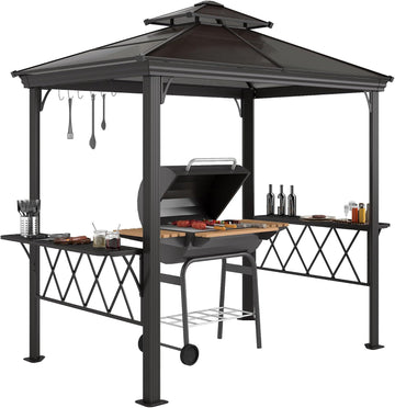 9 x 5 ft. Grill Gazebo, Hardtop BBQ Gazebo Canopy with 2-Tier Polycarbonate Roof, Shelves, Serving Tables