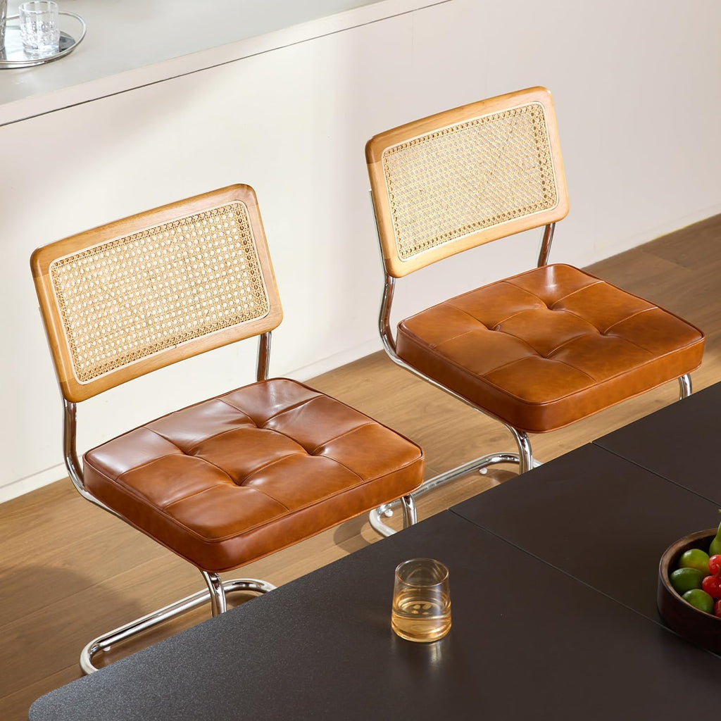 Rattan Dining Chairs Set of 2, Faux Leather Mid Century Modern Dining Room Chairs, Mesh Back Cane Kitchen Chair
