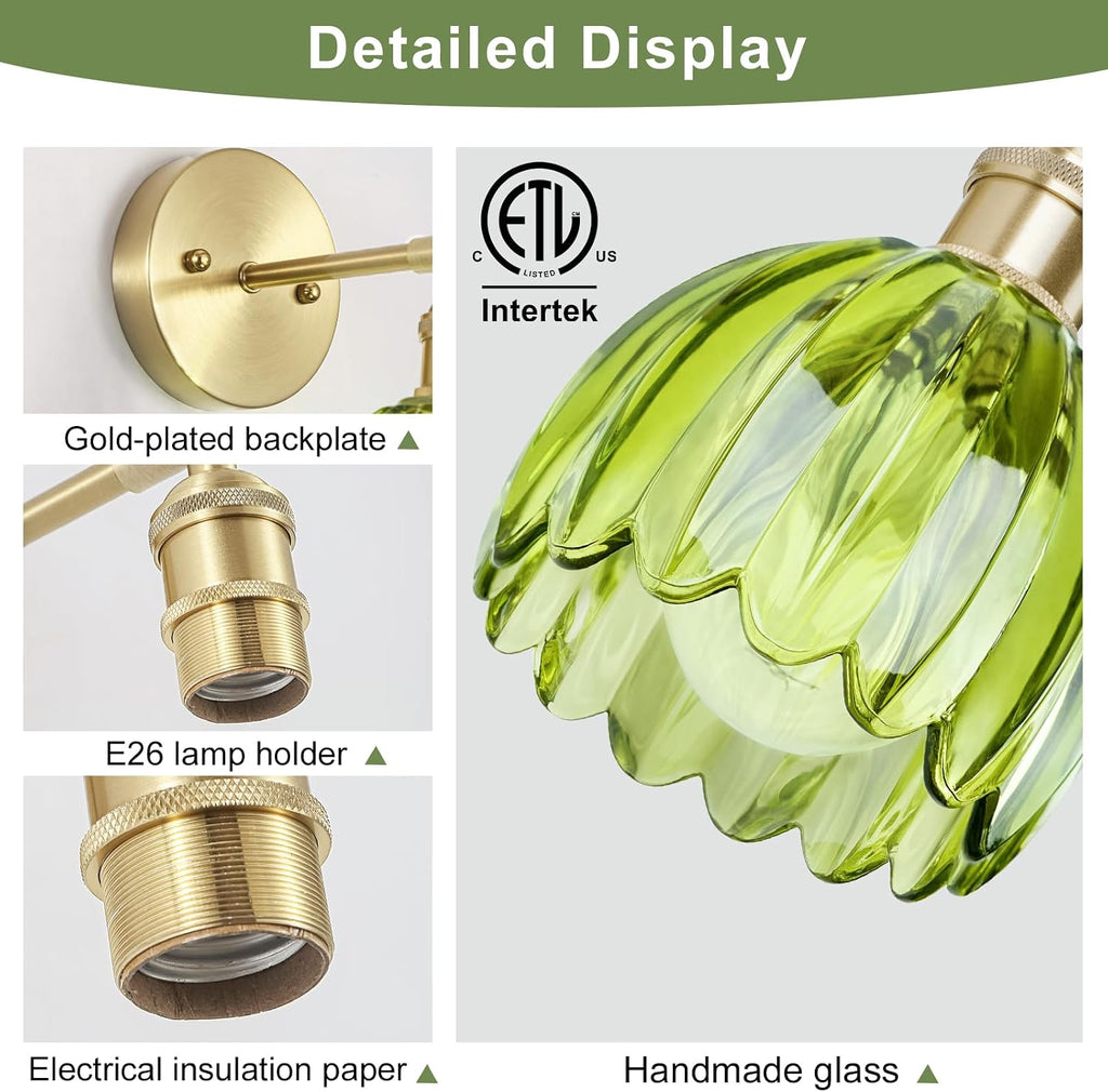 Hardwired Wall Sconces Set of Two, Vintage Wall Lights with Green Tulip Glass Lampshade, Gold Wall Lamps for Bedroom