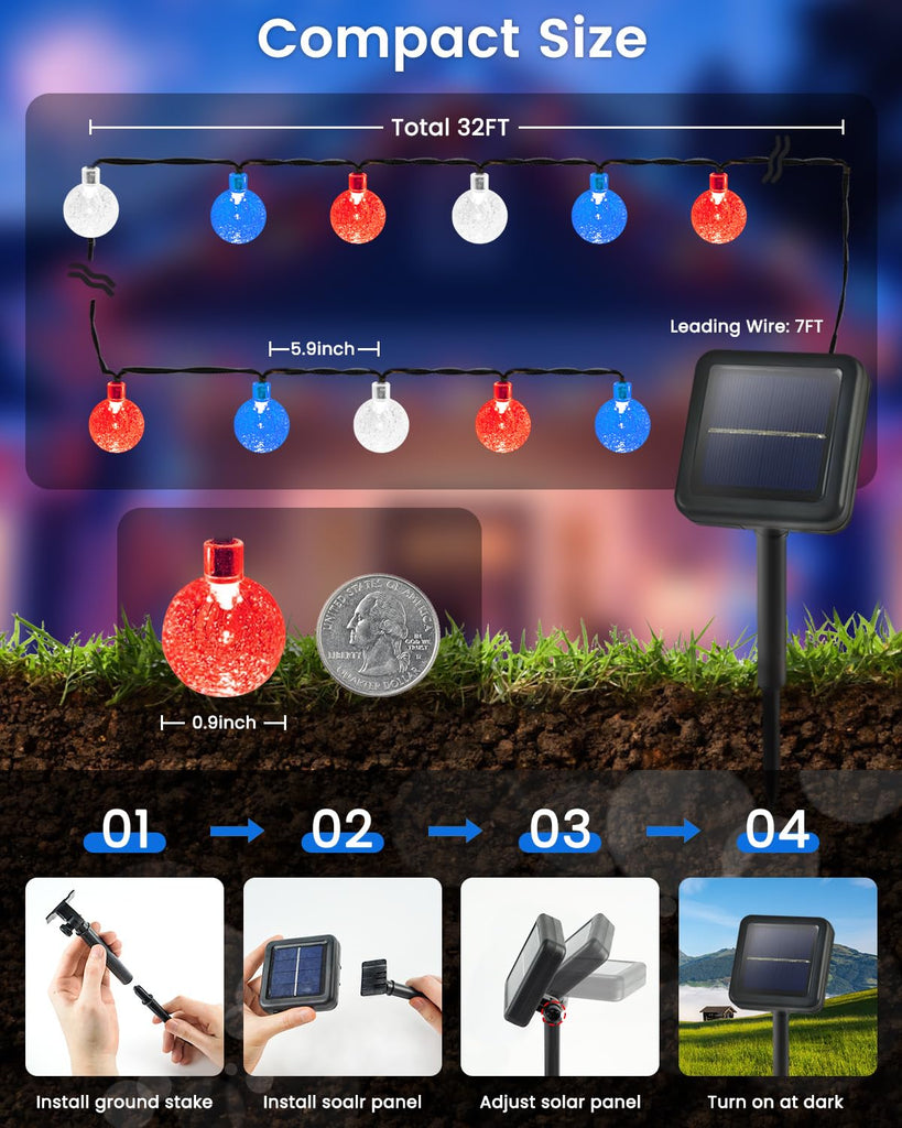 2 Pack 64FT 100 LED Red White and Blue Solar String Lights Outdoor