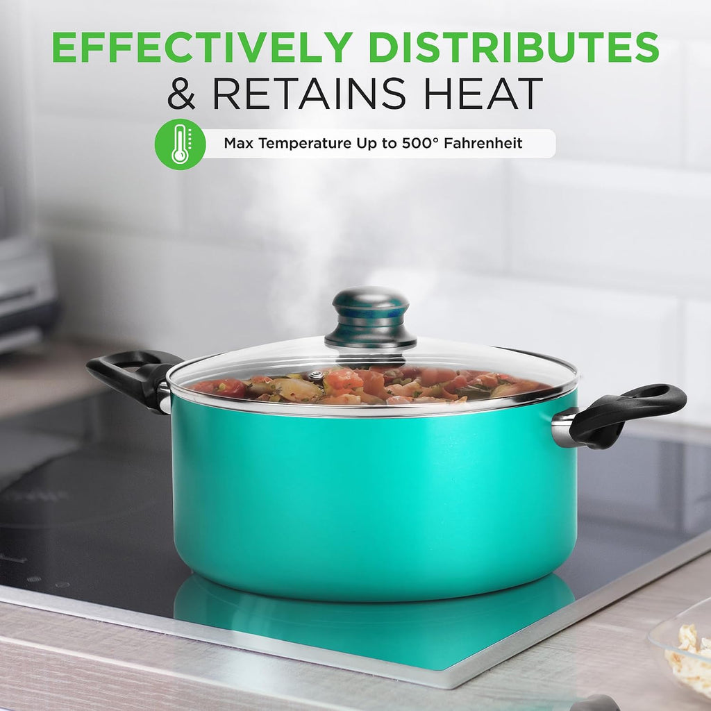 15-Piece Non Stick Kitchen Cookware Set PFOA/PFOS-Free, Colorful Heat Resistant Lacquer w/Saucepot, Frying Pans, Oven