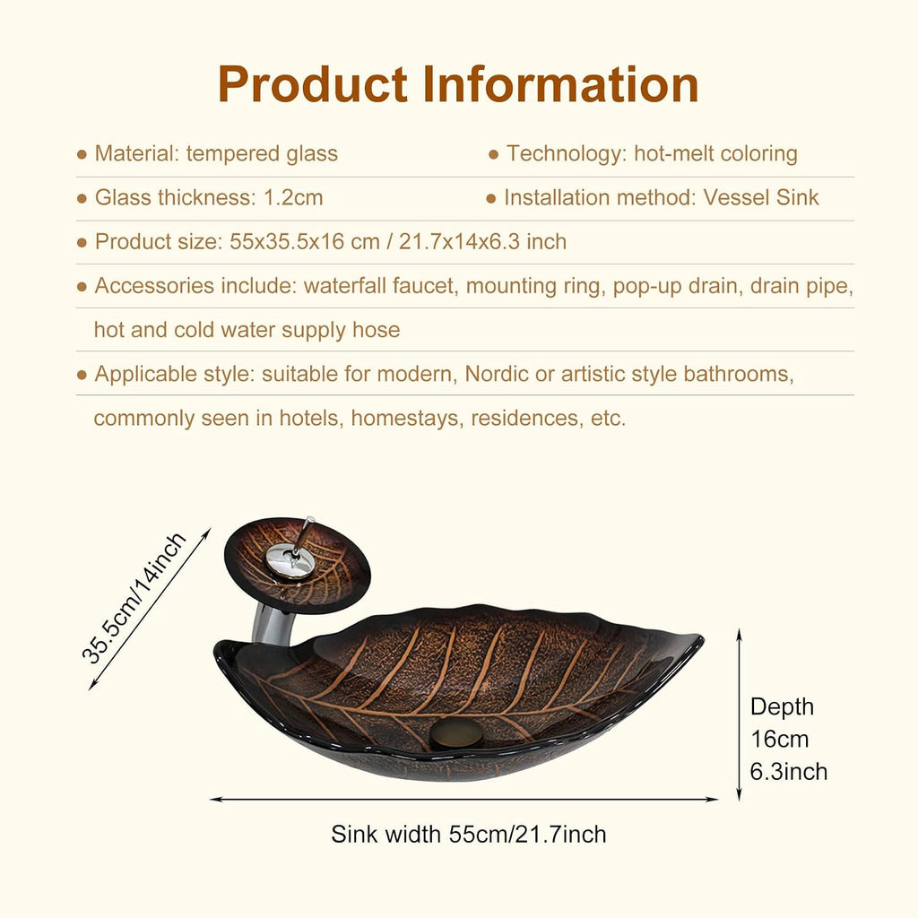 Leaf Shape Vessel Sink Set Tempered Glass Bathroom Bowl + Waterfall Faucet & Drainage System