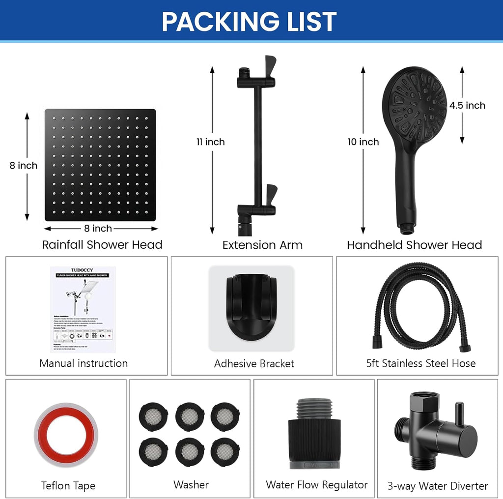 Shower Head, 8‘’ High Pressure Rainfall Shower Head/Handheld Shower Combo with 11'' Extension Arm