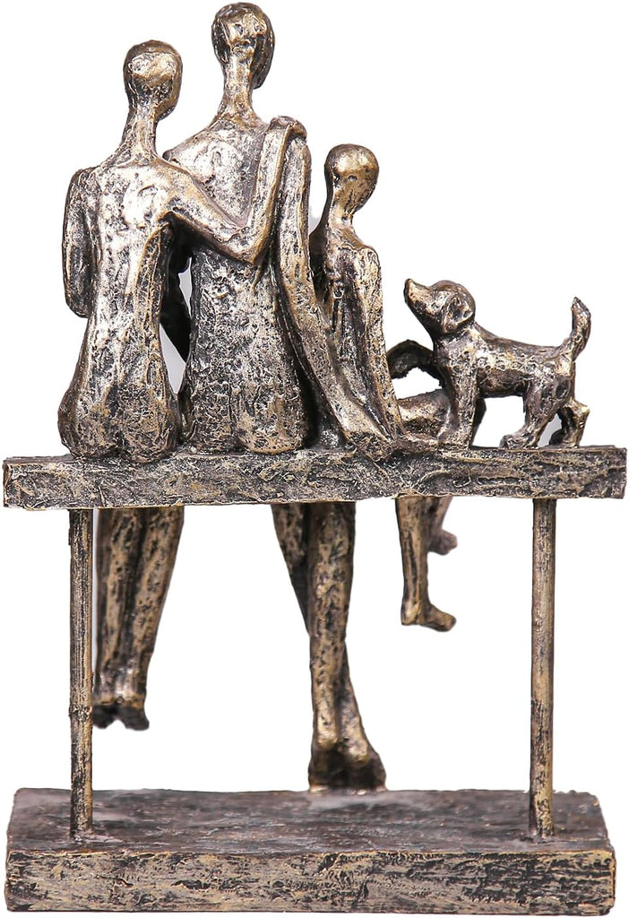 Resin Family Decorative Statue - 3-Person with Pet Dog on Bench, Warm Home Decoration or Desk, Tall 9.84in