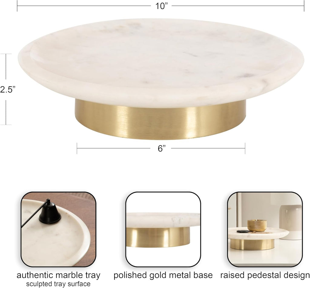 Sevienne Modern Glam Round Marble Tray, 10 Inch Diameter, White and Gold, Contemporary Scooped Pedestal Tray for Use