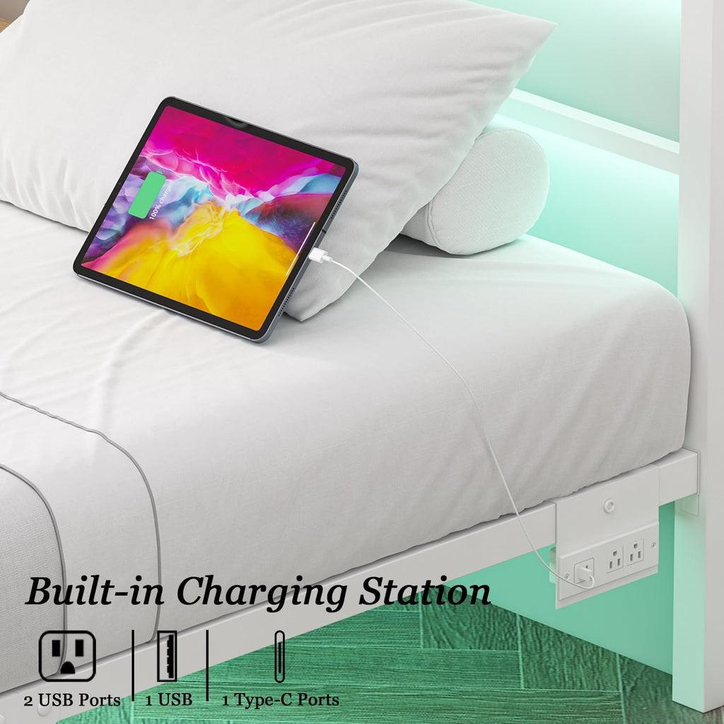 Twin Size Bed Frames with Charging Ports&LED Lights,Heavy Duty Metal Slats Support,No Box Spring Needed,Noise Free,No