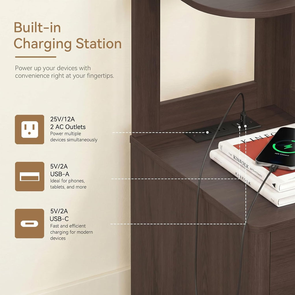 70" Tall Nightstand with Bookshelf, Corner Shelf Stand with Charger Station | Wall Wood Reversible Open Shelf, Modern