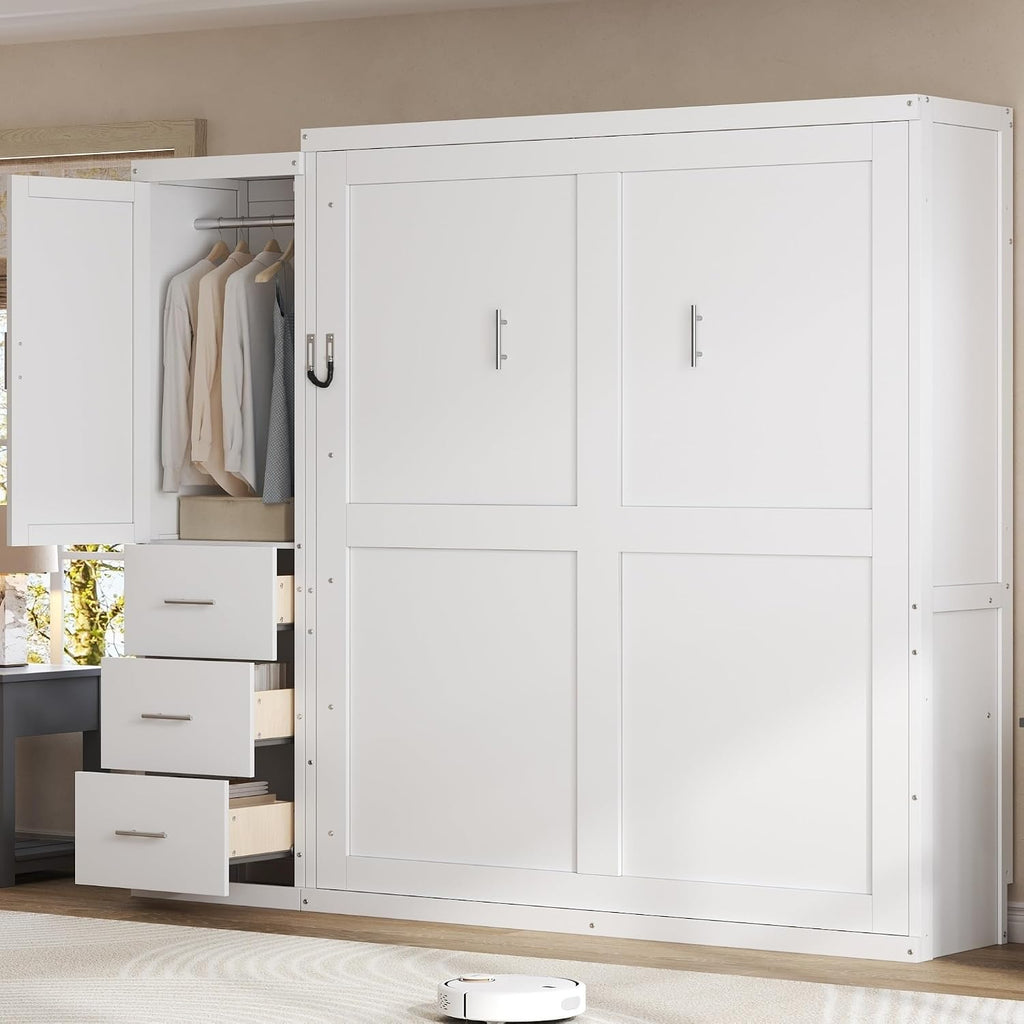 Queen Murphy Bed with Wardrobe, Farmhouse Hidden Foldable Wall Bed Frame with Storage Drawers, Space-Saving Storage