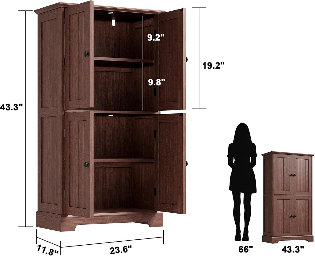 Bathroom Floor Cabinet with Adjustable Shelves | Bathroom Storage Cabinet, 4 Doors, Freestanding Cupboard Pantry