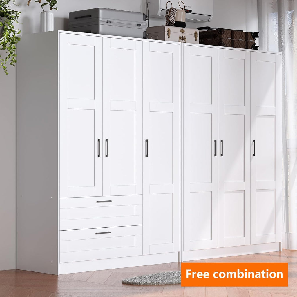 3 Doors Wooden Wardrobe Closet Armoire, White Storage Cabinet for Hanging Clothes, Bedroom Large Capacity