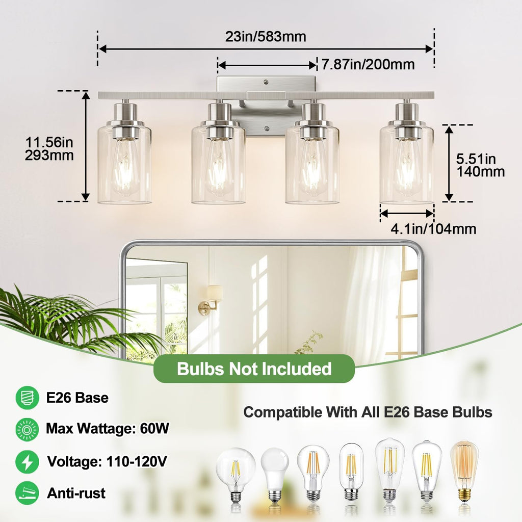 4-Light Bathroom Light Fixtures, Brushed Nickel Modern Vanity Lights with Clear Glass Shades, Bathroom Wall Lamp for