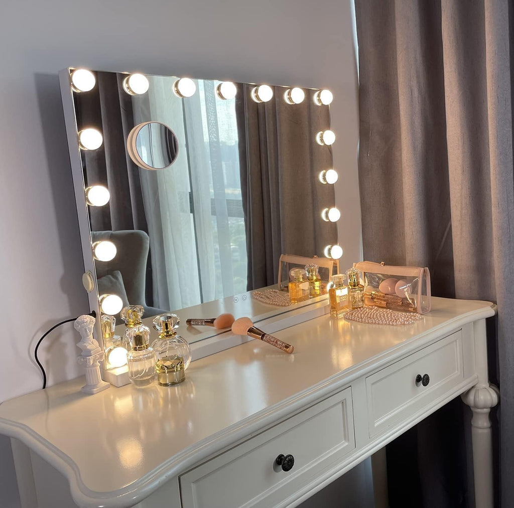 24.4"x21.2" Vanity Mirror with Lights, Lighted Makeup Mirror with 3 Dimmable Color Modes,17 LED Hollywood Mirror with