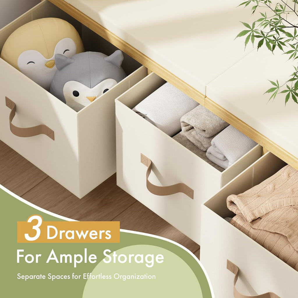 Storage Bench, 43.3" Bamboo Storage Chest with 3 Drawers, Entryway Bench with Cushioned Seat, End of Bed Bench with
