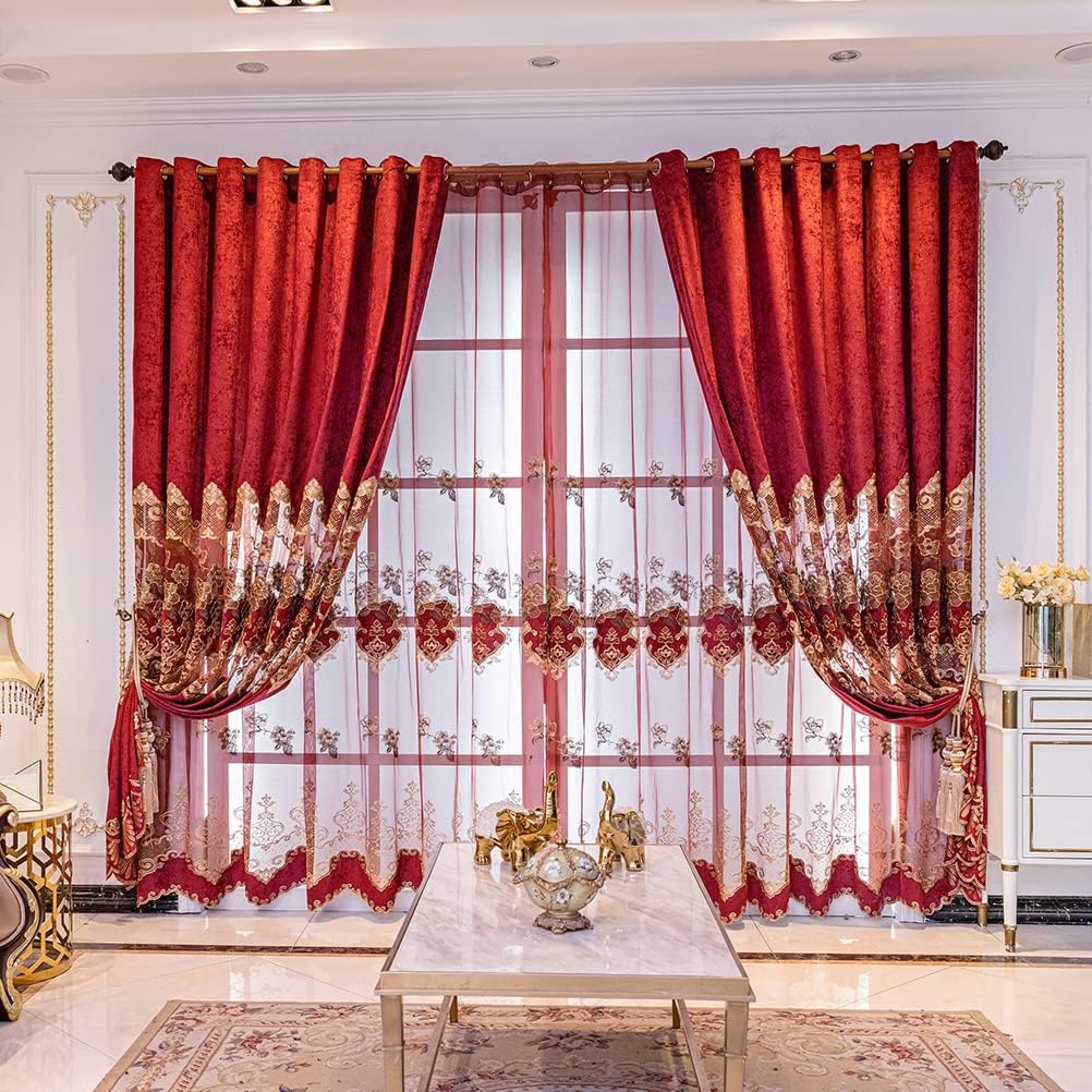 European Style Luxury Festival Burgundy Red Embroidered Sheer Curtain for Living Room Elegant Floral Tulle Curtains