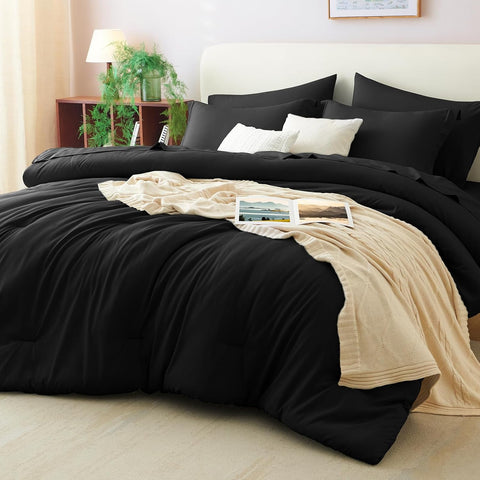 Queen Comforter Set Black, 7 Pieces Bed in a Bag Soft Bedding Comforter Set with Sheets