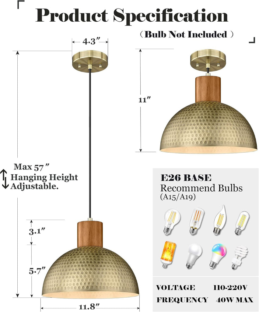 2 Pack Hammered Pendant Lights 12" Vintage Metal & Wood Dome Hanging Lamp Antique Gold Industrial Kitchen Pendant