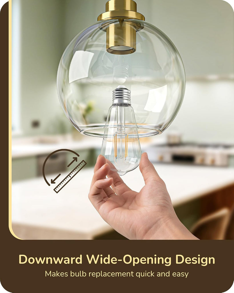 Pendant Light Fixtures 2 Pack with Clear Glass Globe Shade, Gold Kitchen Hanging Lighting Over Island, Hardwired