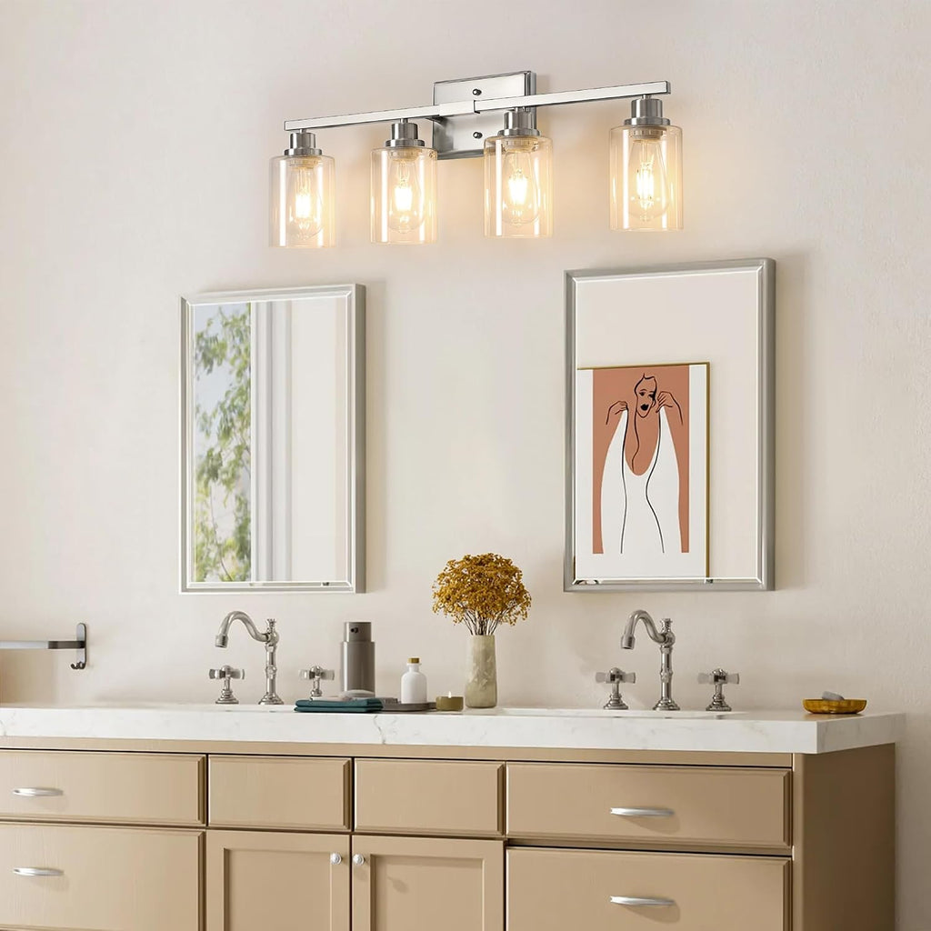 Bathroom Light Fixtures, 4-Light Vanity Lights with Clear Glass Shade, Modern Brushed Nickel Wall Light for Mirror