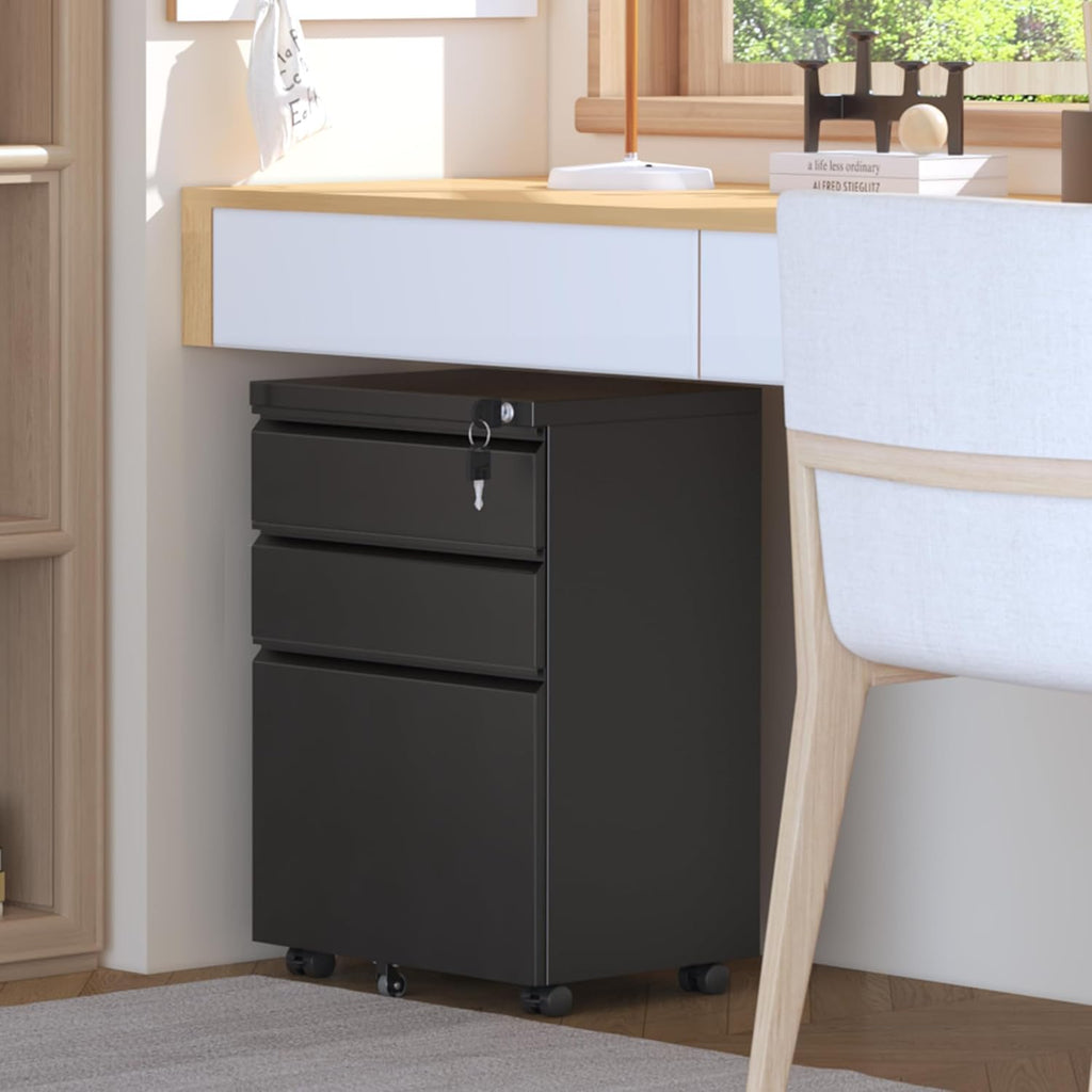 3 Drawer Mobile File Cabinet with Lock, Metal Filing Cabinets , Rolling Under Desk Organizer for Letters/Legal/A4