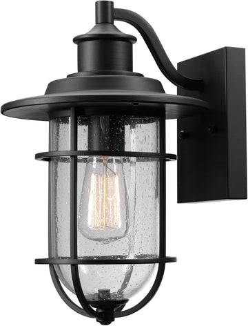 1-Light Outdoor/Indoor Wall Sconce, Black Finish, Seeded Glass Shade, Coastal Modern Design, Weather-Resistant, E26 Base