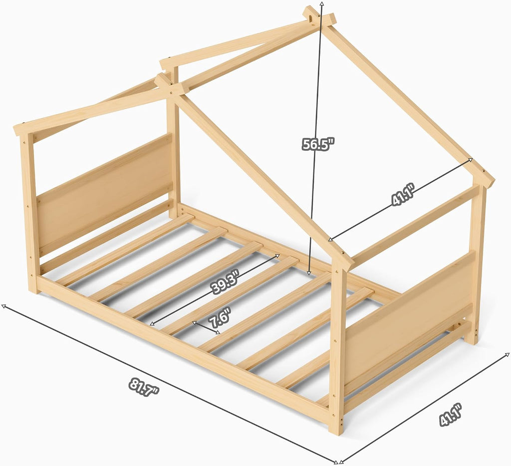 Twin Montessori Floor Bed Frame, Solid Wood Kids House Bed Without Rails, Open Concept Toddler House Bed with
