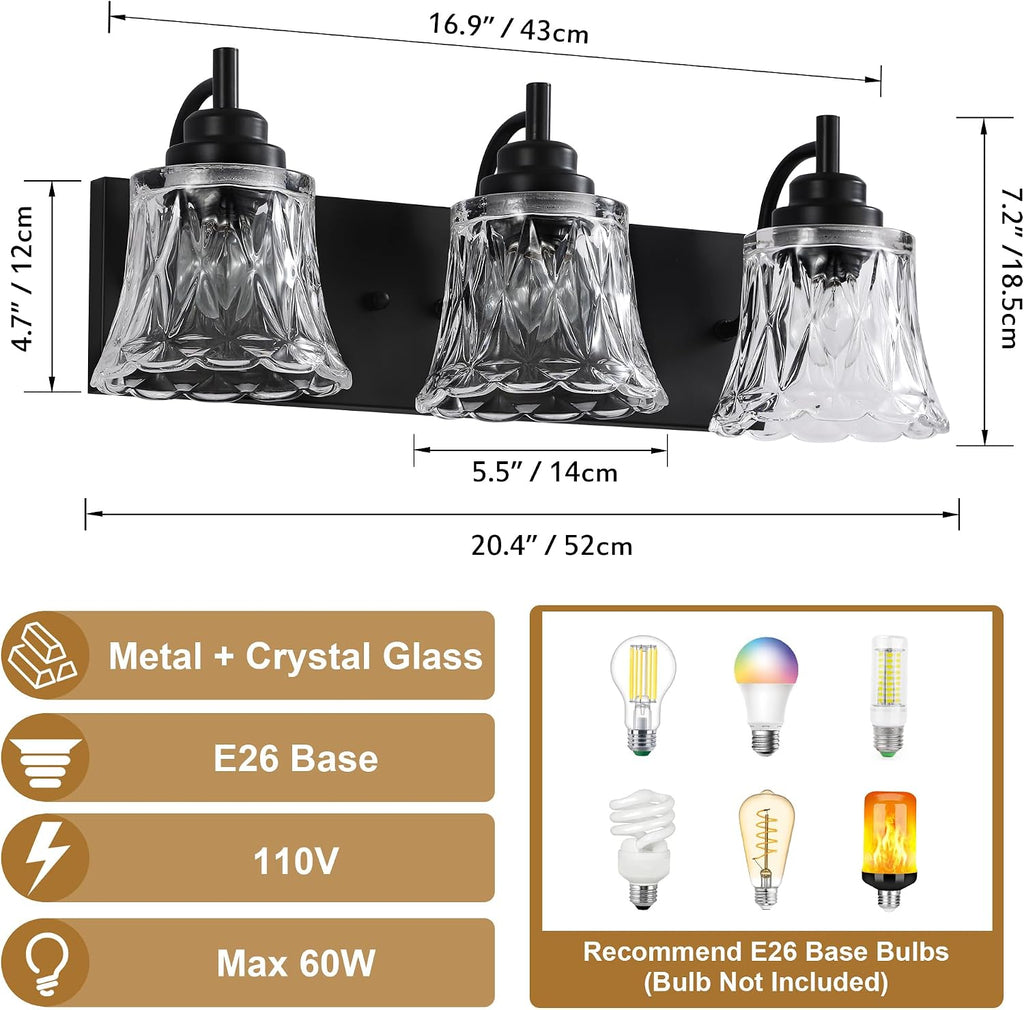 Vintage Bathroom Light Fixtures, 3-Light Matte Black Crystal Glass | Mounted Over Mirror, Matte Black Finish, Vintage
