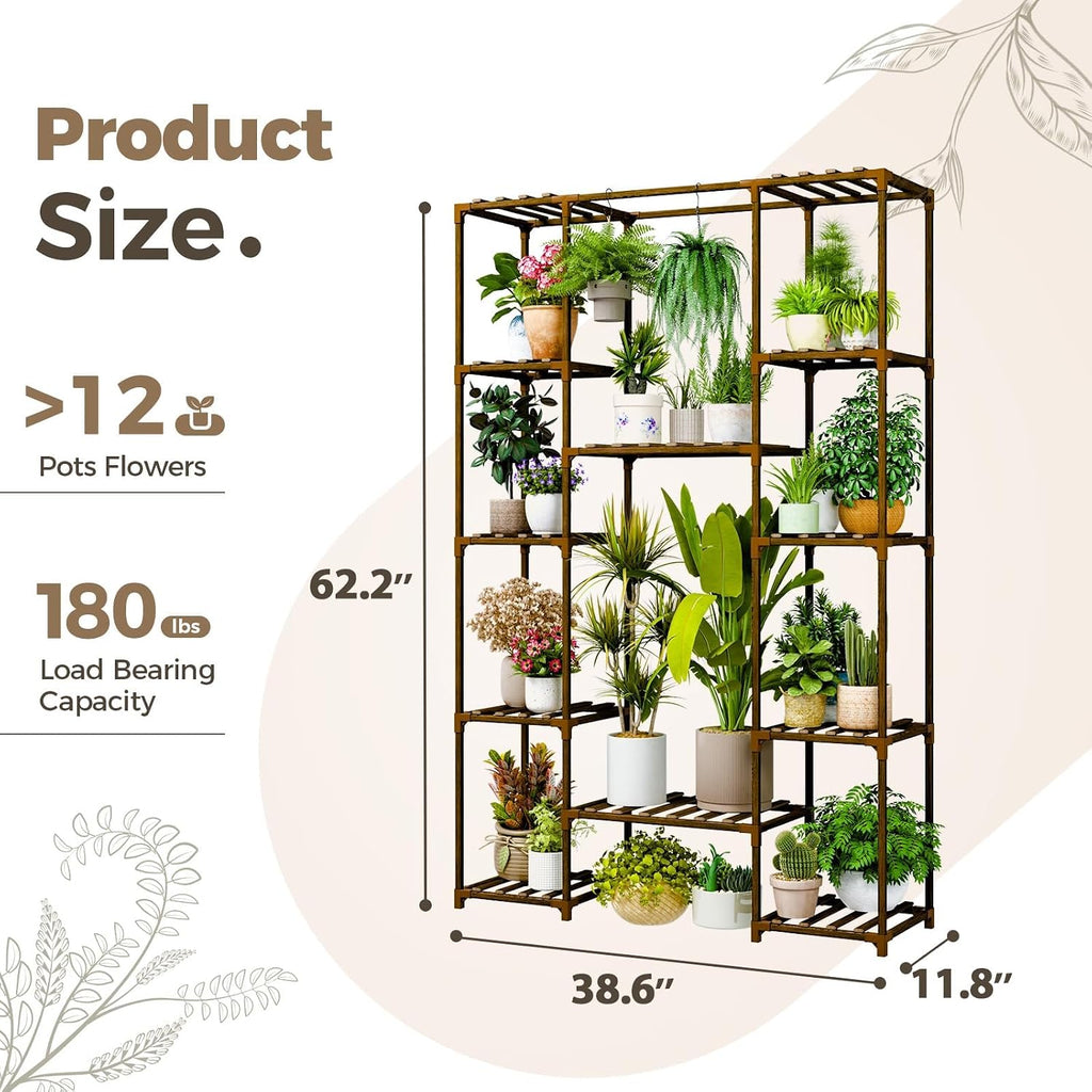 62.2'' Tall Plant Stand Indoor Large Plant Shelf for Multiple Plants Wood Flower Stand Outdoor Hanging Plant Rack