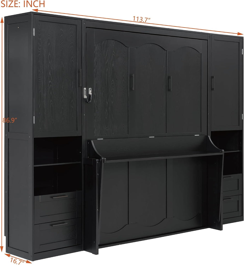 Queen Murphy Bed with Desk, Closet, Drawers and Shelves, Fold into The Wall, Space-Saving Foldable Wood Platform Bed