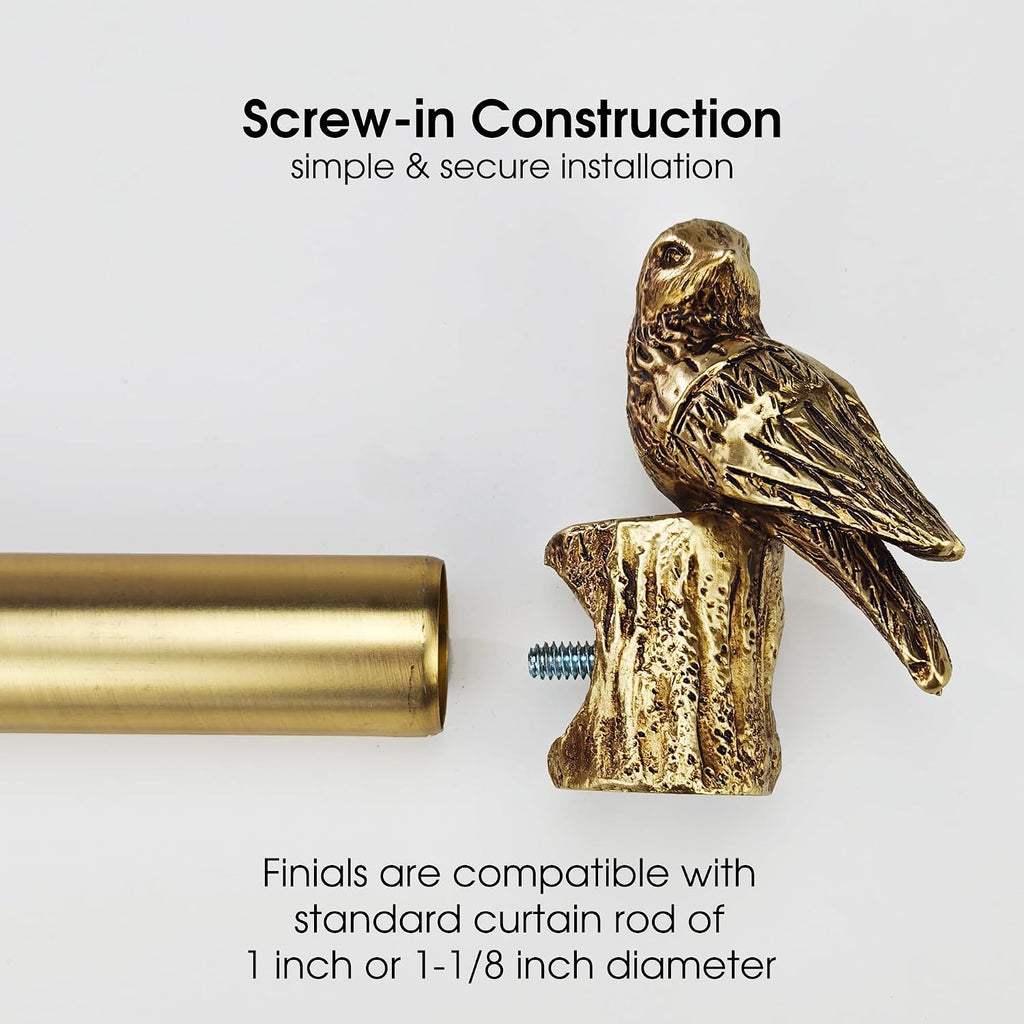 Decorative Curtain Rod Finials, Pretty Polyresin Gold Bird Finials, Set of 2, Compatible with 1 inch or 1-1/8 inch