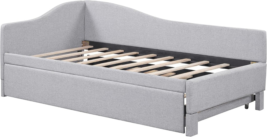 Twin Size Daybed with Pop up Trundle,Linen Upholstered Day Bed Frame with Wood Slats,Extendable Trundle Bed,Twin to