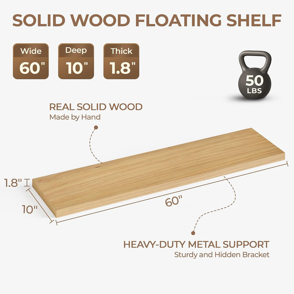 60 Inch Long Floating Shelves for Wall Set of 3, Solid Wood Natural Floating Shelves 10in Depth, 5ft Large Wall Shelf