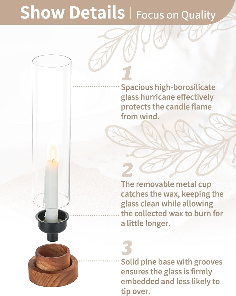 Hurricane Glass Candle Holders with Wax Catchers, Dripless, Set of 2 | Metal Bobeches Catch Drips, Clear Chimney
