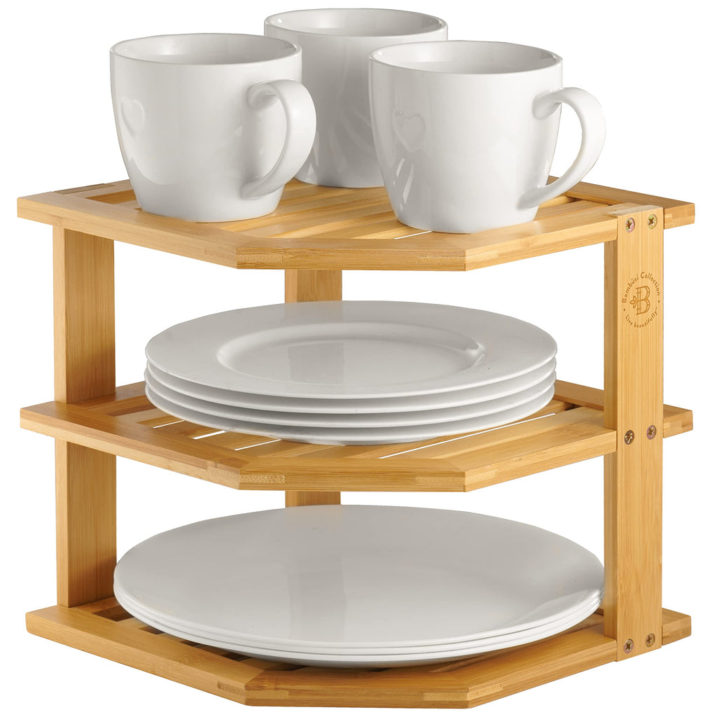 Corner Plate Organizer for Cabinet, Bamboo 3-Tier Kitchen Cabinet Organizer