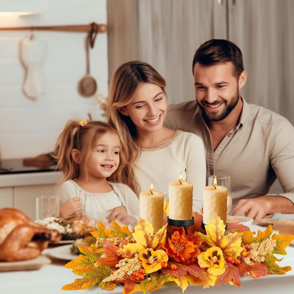 Fall Thanksgiving Centerpiece with 3 Candle Holders Harvest Table Centerpiece Decorations Autumn Maple Leaves - Set of 3